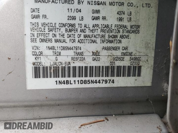 2005 Nissan Altima 3.5 SE with VIN 1N4BL11D85N447974, listed as a Copart auction lot 84323504 with 195,669 mi miles and Clean Title. Bid and sale history available at carsss.com. Image 12.