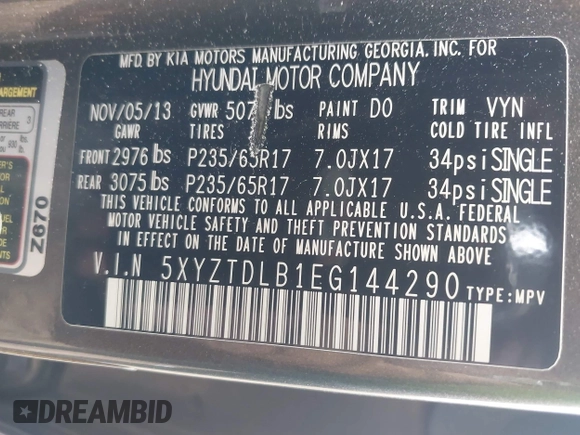2014 Hyundai Santa Fe z VIN 5XYZTDLB1EG144290, wystawiony jako IAAI lot #42126367 z przebiegiem 138 525 mil mil oraz . Historia ofert i sprzedaży dostępna na DreamBid. Obrazek 9.