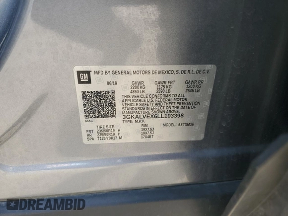 2020 GMC Terrain SLT with VIN 3GKALVEX6LL103398, listed as a Copart auction lot 52722465 with 71,745 mi miles and Salvage Title. Bid and sale history available at DreamBid. Image 14.