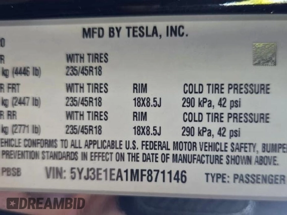 2021 Tesla Model 3 Standard Range Plus with VIN 5YJ3E1EA1MF871146, listed as a Copart auction lot 55633575 with 72,492 mi miles and Salvage Title. Bid and sale history available at DreamBid. Image 10.