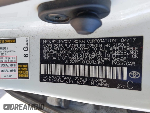 2017 Toyota Prius Two z VIN JTDKARFU0H3043350, wystawiony jako IAAI lot #41707190 z przebiegiem 145 542 mil mil oraz . Historia ofert i sprzedaży dostępna na DreamBid. Obrazek 9.