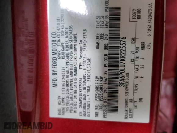 2019 Ford Fusion Hybrid SE with VIN 3FA6P0LU7KR225576, listed as a Copart auction lot 46227675 with 123,478 mi miles and Salvage Title. Bid and sale history available at carsss.com. Image 12.
