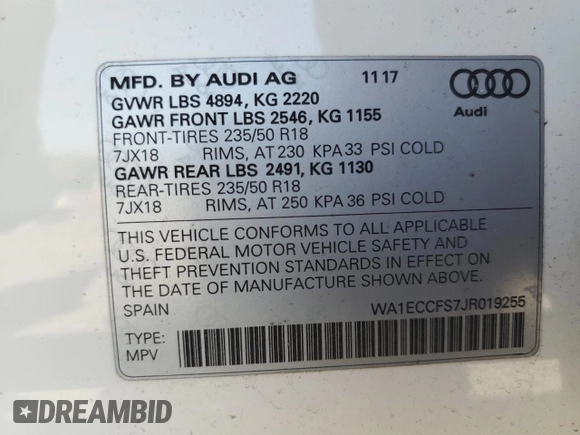 2018 Audi Q3 Premium with VIN WA1ECCFS7JR019255, listed as a Copart auction lot 54581155 with 76,923 mi miles and Salvage title. Bid and sale history available at DreamBid. Image 13.
