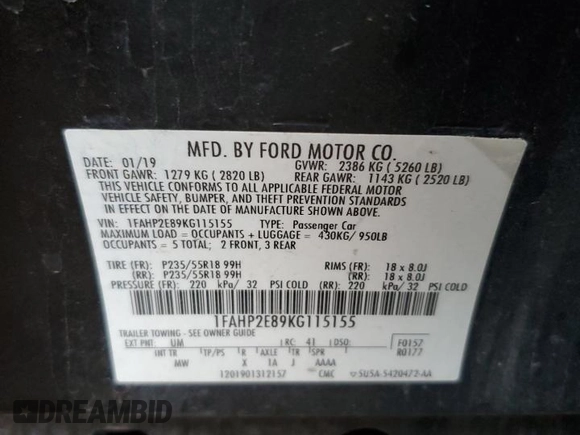 2019 Ford Taurus SEL with VIN 1FAHP2E89KG115155, listed as a Copart auction lot 78624384 with 61,643 mi miles and Salvage Title. Bid and sale history available at DreamBid. Image 13.