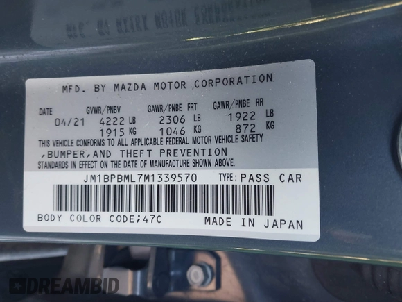 2021 Mazda 3 Premium with VIN JM1BPBML7M1339570, listed as a IAAI auction lot 41394510 with 47,395 mi miles and . Bid and sale history available at DreamBid. Image 9.