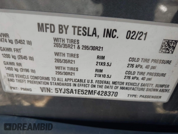 2021 Tesla Model S Long Range with VIN 5YJSA1E52MF428370, listed as a IAAI auction lot 41809773 with 34,372 mi miles and . Bid and sale history available at DreamBid. Image 9.