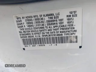 2007 Honda Odyssey EX-L with VIN 5FNRL38707B145049, listed as a IAAI auction lot 42117713 with 76,691 mi miles. Bid and sale history available at carsss.com. Image 9.