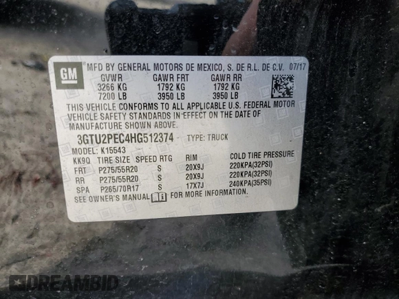 2017 GMC Sierra 1500 Denali with VIN 3GTU2PEC4HG512374, listed as a Copart auction lot 49444285 with 60,938 mi miles and Salvage Title. Bid and sale history available at DreamBid. Image 12.
