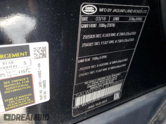 2018 Land Rover Range Rover Sport HSE z VIN SALWR2RV1JA199820, wystawiony jako Copart lot #59662085 z przebiegiem 74 206 mil mil oraz Szkoda całkowita • Salvage title. Historia ofert i sprzedaży dostępna na DreamBid. Obrazek 13.