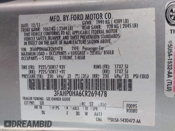 2012 Ford Fusion SE with VIN 3FAHP0HA6CR269478, listed as a IAAI auction lot 42408199 with 176,607 mi miles and . Bid and sale history available at DreamBid. Image 9.