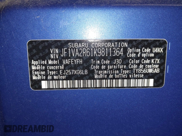 2019 Subaru WRX STI with VIN JF1VA2R61K9811364, listed as a IAAI auction lot 42080161 with 80,620 mi miles and . Bid and sale history available at DreamBid. Image 17.