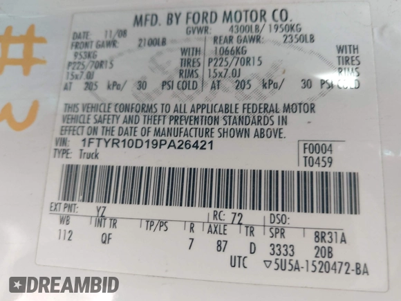 2009 Ford Ranger XL with VIN 1FTYR10D19PA26421, listed as a IAAI auction lot 42140982 with 121,689 mi miles. Bid and sale history available at carsss.com. Image 9.