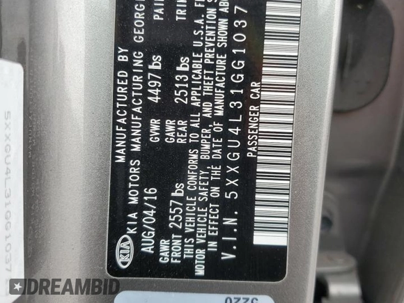2016 Kia Optima EX with VIN 5XXGU4L31GG103713, listed as a Copart auction lot 88771715 with 50,307 mi miles and Salvage Title. Bid and sale history available at carsss.com. Image 12.