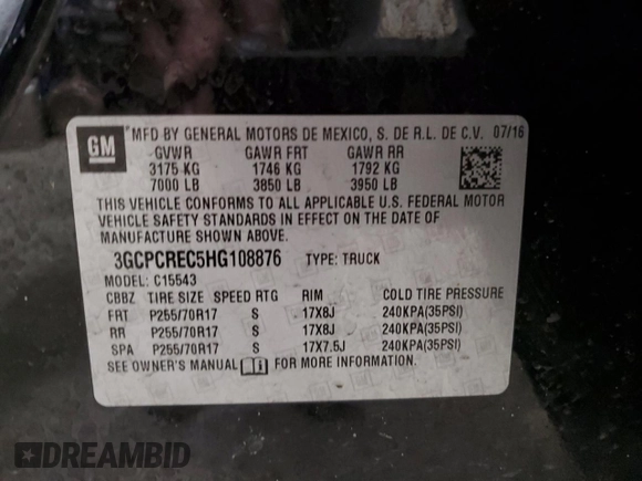 2017 Chevrolet Silverado 1500 LT with VIN 3GCPCREC5HG108876, listed as a Copart auction lot 47326115 with 125,347 mi miles and Clean Title. Bid and sale history available at carsss.com. Image 12.