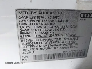 2017 Audi Q7 Premium Plus with VIN WA1LABF73HD018713, listed as a IAAI auction lot 41492243 with 112,928 mi miles. Bid and sale history available at carsss.com. Image 9.