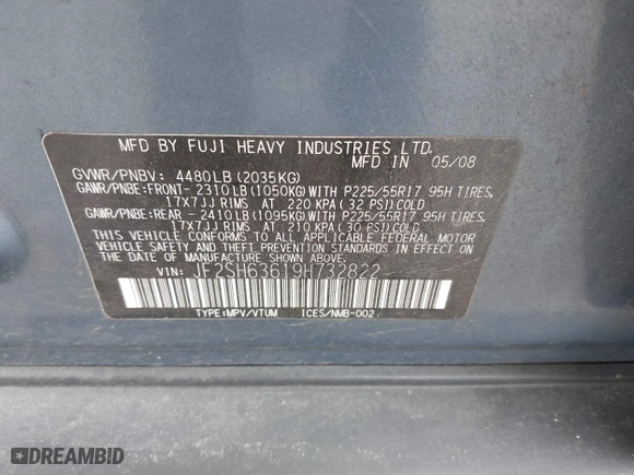 2009 Subaru Forester (Natl) X w/Premium Pkg with VIN JF2SH63619H732822, listed as a IAAI auction lot 42085763 with 107,424 mi miles. Bid and sale history available at carsss.com. Image 9.