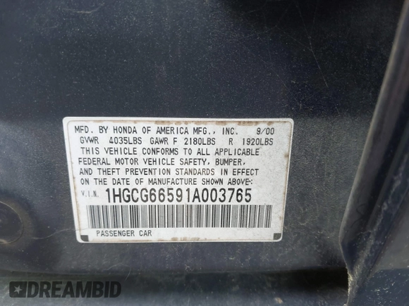2001 Honda Accord LX with VIN 1HGCG66591A003765, listed as a IAAI auction lot 42049488 with 166,214 mi miles and . Bid and sale history available at DreamBid. Image 9.