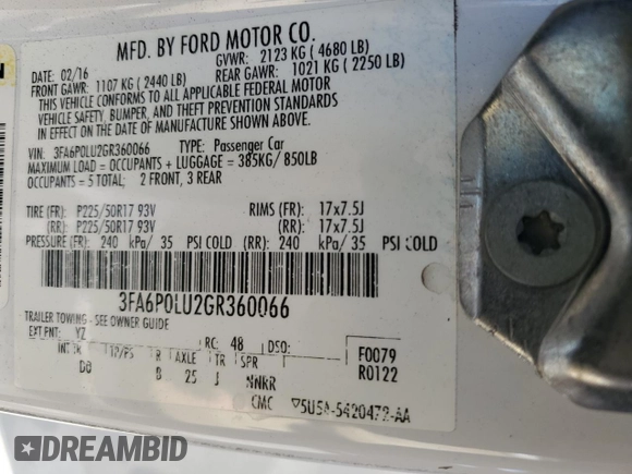 2016 Ford Fusion SE Hybrid с VIN 3FA6P0LU2GR360066, выставлен на аукционе Copart как лот 84767824 с пробегом 153 044 миль миль и Списание • Salvage title. История ставок и продаж доступна на DreamBid. Изображение 12.