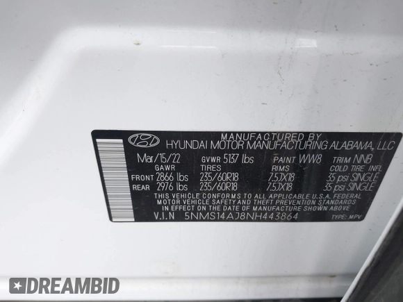 2022 Hyundai Santa Fe SE with VIN 5NMS14AJ8NH443864, listed as a IAAI auction lot 41892061 with 38,297 mi miles and . Bid and sale history available at DreamBid. Image 9.