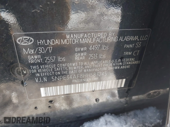 2017 Hyundai Sonata Sport with VIN 5NPE34AF8HH583245, listed as a IAAI auction lot 41841335 with 90,153 mi miles. Bid and sale history available at carsss.com. Image 9.