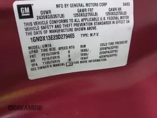 2003 Chevrolet Venture Warner Bros 1SE z VIN 1GNDX13E23D279465, wystawiony jako IAAI lot #41384442 z przebiegiem 124 033 mil mil oraz . Historia ofert i sprzedaży dostępna na DreamBid. Obrazek 9.