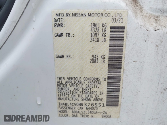 2021 Nissan Altima SR with VIN 1N4BL4CV0MN376551, listed as a IAAI auction lot 41884880 with 74,024 mi miles and . Bid and sale history available at carsss.com. Image 9.