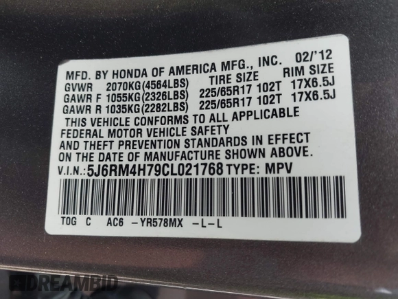 2012 Honda CR-V EX-L with VIN 5J6RM4H79CL021768, listed as a IAAI auction lot 42171357 with 123,103 mi miles and . Bid and sale history available at DreamBid. Image 9.