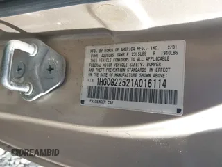 2001 Honda Accord EX с VIN 1HGCG22521A016114, выставлен на аукционе IAAI как лот 42090643 с пробегом Не указан миль и . История ставок и продаж доступна на DreamBid. Изображение 9.