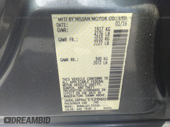 2016 Nissan Altima SR with VIN 1N4AL3AP9GC152060, listed as a IAAI auction lot 41696104 with 111,478 mi miles and . Bid and sale history available at carsss.com. Image 9.