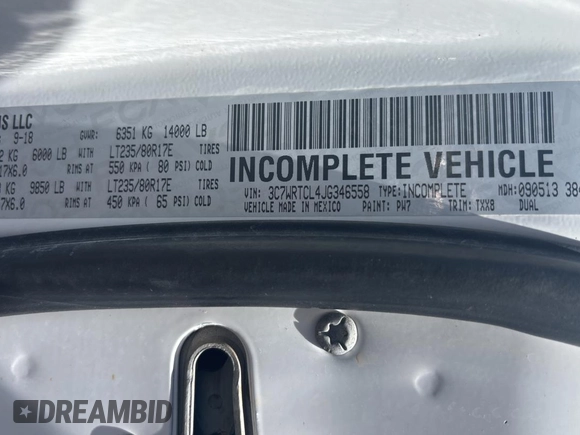 2018 Ram 3500 Tradesman z VIN 3C7WRTCL4JG346558, wystawiony jako Copart lot #54569225 z przebiegiem 255 163 mil mil oraz Czysty tytuł • Clean title. Historia ofert i sprzedaży dostępna na DreamBid. Obrazek 10.