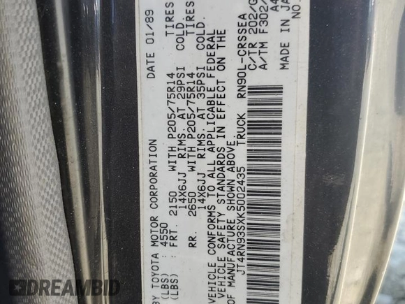 1989 Toyota Pickup с VIN JT4RN93SXK5002435, выставлен на аукционе Copart как лот 55853975 с пробегом 69 780 миль миль и Чистый • Clean title. История ставок и продаж доступна на DreamBid. Изображение 12.