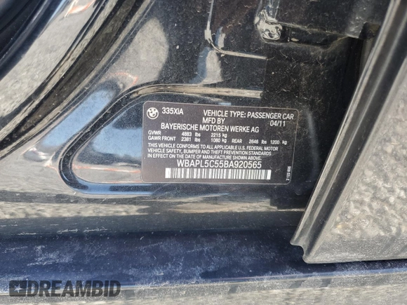 2011 BMW 3 Series 335i xDrive with VIN WBAPL5C55BA920565, listed as a Copart auction lot 47410085 with 135,919 mi miles and Salvage title. Bid and sale history available at DreamBid. Image 12.
