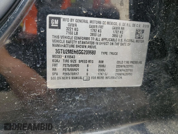 2016 GMC Sierra 1500 with VIN 3GTU2MEH6GG200680, listed as a Copart auction lot 82417134 with 121,912 mi miles and Salvage Title. Bid and sale history available at DreamBid. Image 12.