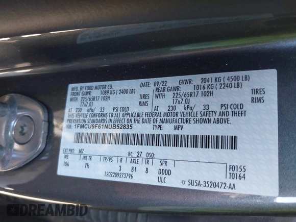 2022 Ford Escape S z VIN 1FMCU9F61NUB52835, wystawiony jako IAAI lot #40083029 z przebiegiem Nie podano mil oraz . Historia ofert i sprzedaży dostępna na DreamBid. Obrazek 9.