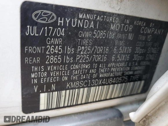 2004 Hyundai Santa Fe GLS with VIN KM8SC13DX4U840575, listed as a Copart auction lot 48711555 with 130,096 mi miles and Salvage Title. Bid and sale history available at DreamBid. Image 14.