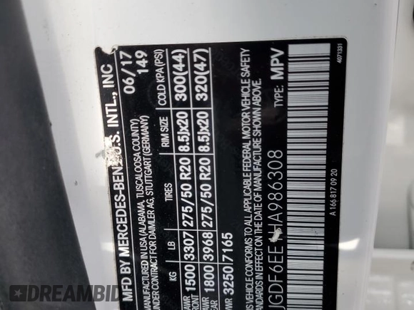 2017 Mercedes-Benz GLS 450 with VIN 4JGDF6EE1HA986308, listed as a Copart auction lot 43828644 with 48,625 mi miles and Salvage Title. Bid and sale history available at DreamBid. Image 14.