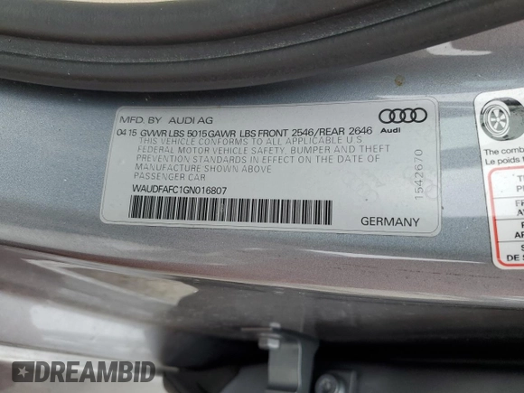 2016 Audi A6 2.0T Premium Plus with VIN WAUDFAFC1GN016807, listed as a Copart auction lot 44790135 with 122,540 mi miles and Salvage Title. Bid and sale history available at carsss.com. Image 15.