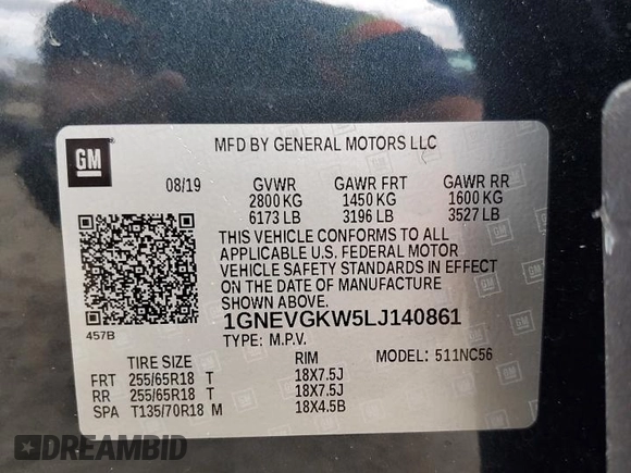 2020 Chevrolet Traverse LT Cloth with VIN 1GNEVGKW5LJ140861, listed as a Copart auction lot 74048774 with Not Provided miles and Non Repairable. Bid and sale history available at carsss.com. Image 14.