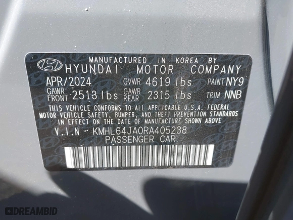 2024 Hyundai Sonata SEL with VIN KMHL64JA0RA405238, listed as a IAAI auction lot 41747121 with 8,778 mi miles. Bid and sale history available at carsss.com. Image 9.