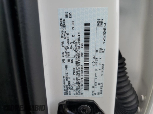 2017 Ford F-150 XL с VIN 1FTEW1CP6HFB05962, выставлен на аукционе Copart как лот 60233525 с пробегом 68 483 миль миль и Списание • Salvage title. История ставок и продаж доступна на DreamBid. Изображение 12.