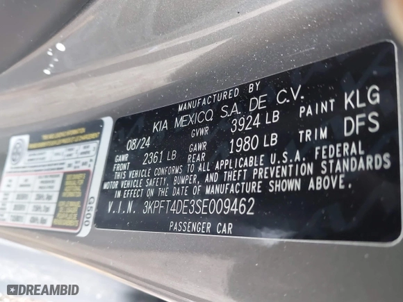 2025 Kia K4 LXS with VIN 3KPFT4DE3SE009462, listed as a IAAI auction lot 41508846 with 16,489 mi miles. Bid and sale history available at carsss.com. Image 9.