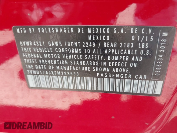 2015 Volkswagen Jetta Sport with VIN 3VWD17AJXFM283699, listed as a IAAI auction lot 42689645 with 186,258 mi miles and . Bid and sale history available at DreamBid. Image 9.