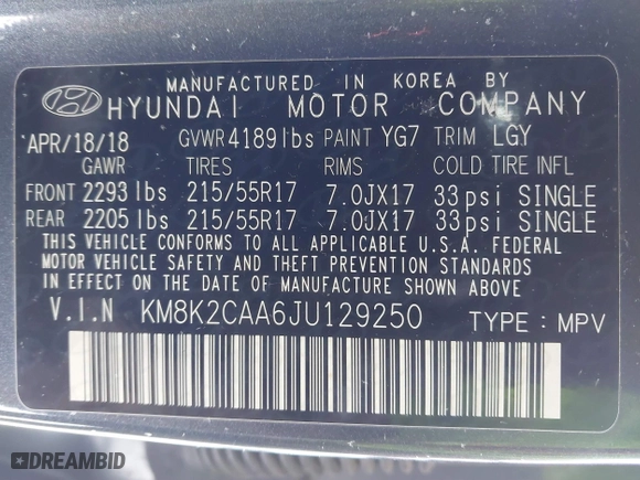 2018 Hyundai Kona SEL with VIN KM8K2CAA6JU129250, listed as a IAAI auction lot 41589904 with 77,786 mi miles. Bid and sale history available at carsss.com. Image 9.