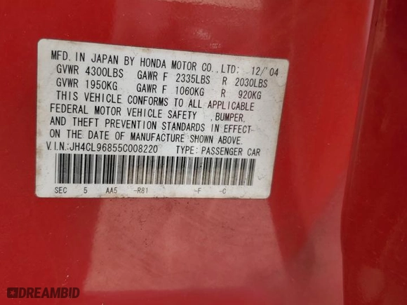 2005 Acura TSX with VIN JH4CL96855C008220, listed as a Copart auction lot 49361535 with 265,129 mi miles and Salvage Title. Bid and sale history available at carsss.com. Image 15.