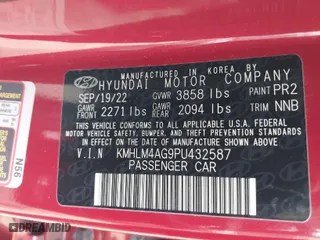 2023 Hyundai Elantra Preferred with VIN KMHLM4AG9PU432587, listed as a IAAI auction lot 41842918 with 35,140 mi miles. Bid and sale history available at carsss.com. Image 9.