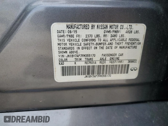2015 Infiniti Q50 with VIN JN1BV7AP7FM355170, listed as a Copart auction lot 57448855 with 207,871 mi miles and Salvage title. Bid and sale history available at DreamBid. Image 12.