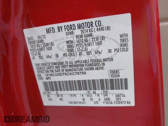 2012 Ford Escape XLT with VIN 1FMCU0D75CKC78759, listed as a IAAI auction lot 42738279 with 119,559 mi miles and . Bid and sale history available at DreamBid. Image 9.