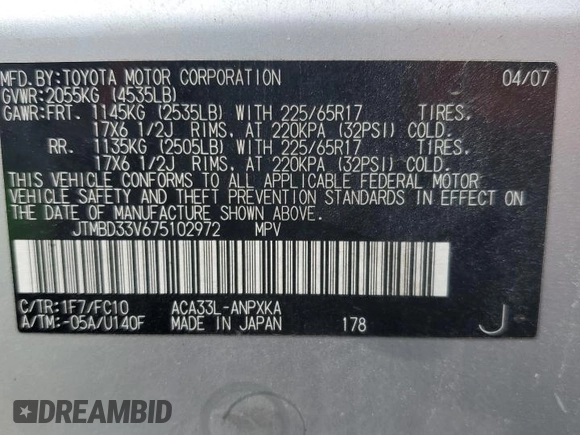 2007 Toyota RAV4 with VIN JTMBD33V675102972, listed as a Copart auction lot 51507055 with 192,860 mi miles and Clean Title. Bid and sale history available at carsss.com. Image 13.