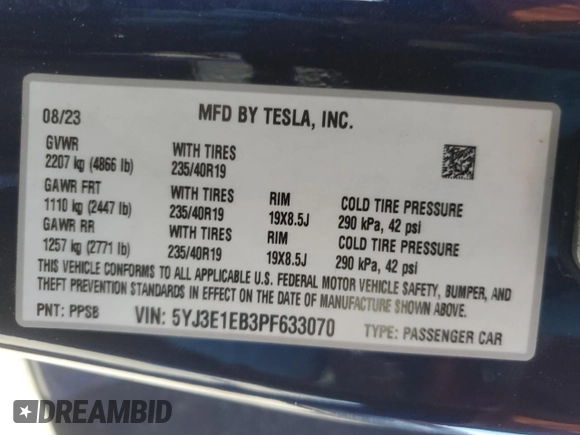 2023 Tesla Model 3 Long Range with VIN 5YJ3E1EB3PF633070, listed as a Copart auction lot 48942545 with 38,332 mi miles and Salvage Title. Bid and sale history available at DreamBid. Image 15.