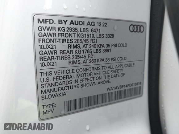 2023 Audi Q8 Premium with VIN WA1AVBF14PD015616, listed as a IAAI auction lot 41213960 with 26,102 mi miles and . Bid and sale history available at DreamBid. Image 9.